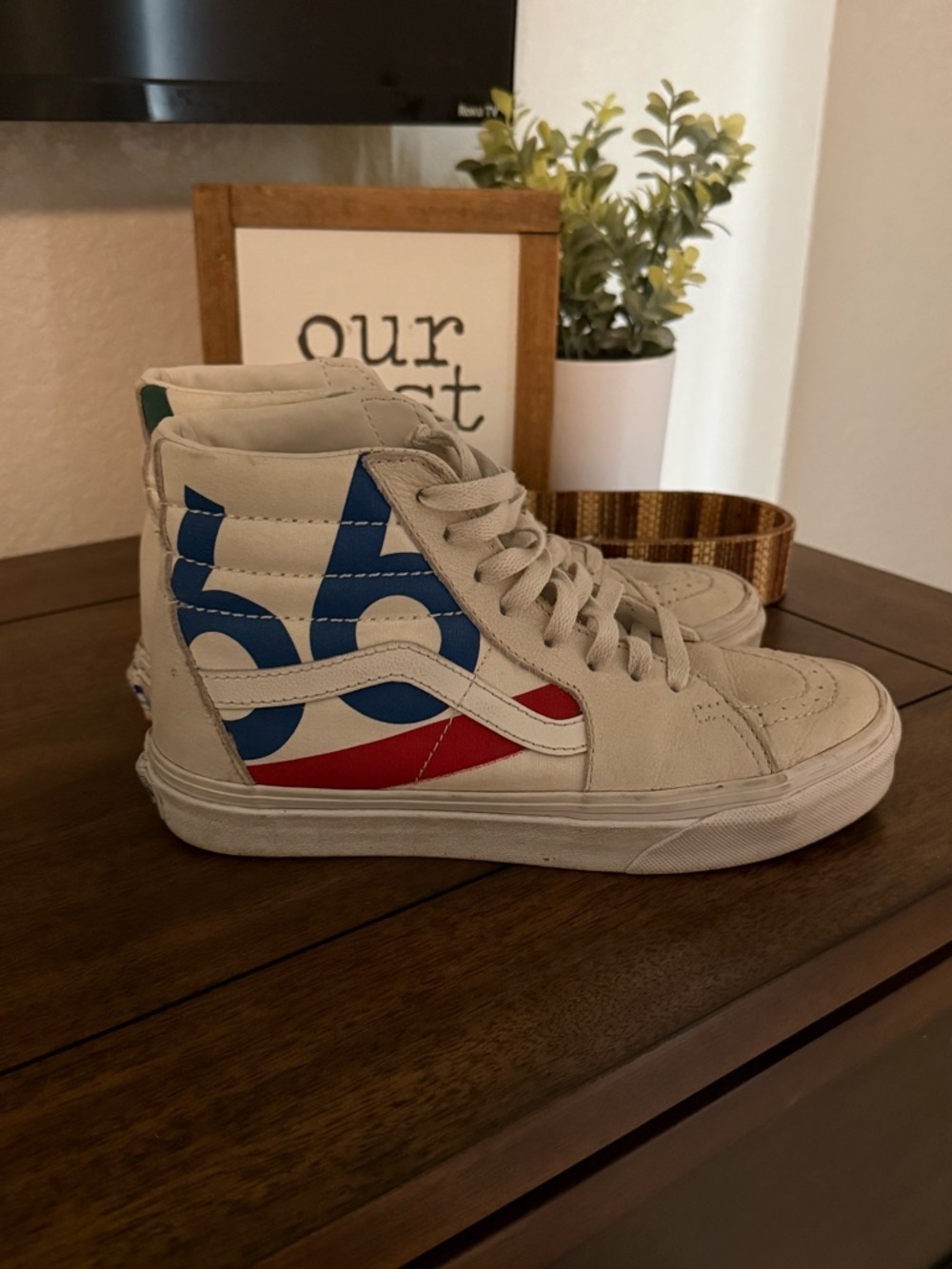 Vans High-Top Sneakers in White with Blue & Red Accent
